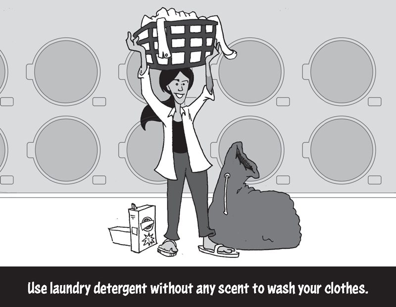 Use laundry detergent without any scent to wash your clothes.<br />
For example, Jessica is at the laundromat. She is holding a basket of laundry above her head that’s ready to be washed with scentless detergent.