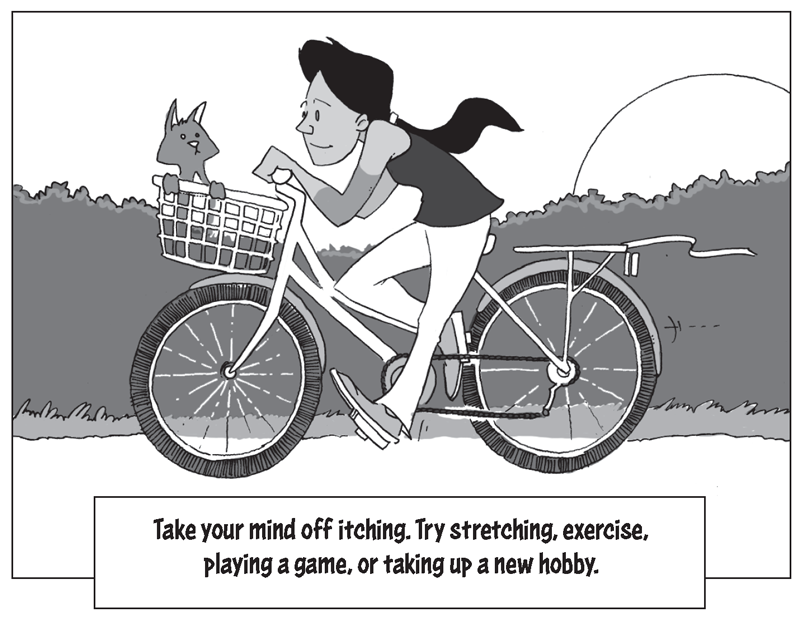 Take your mind off itching. Try stretching, exercise, playing a game, or taking up a new hobby. For instance, Jessica is riding her bike during sunset with her cat in the bike’s basket.