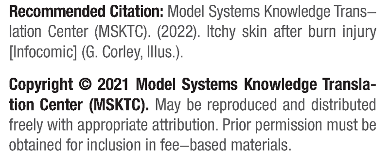 Recommended Citation: Model Systems Knowledge Translation Center (MSKTC). (2022). Itchy skin after burn injury [Infocomic] (G. Corley, Illus.). Copyright: 2021 Model Systems Knowledge Translation Center (MSKTC). May be reproduced and distributed freely with appropriate attribution. Prior permission must be obtained for inclusion in fee-based materials.
