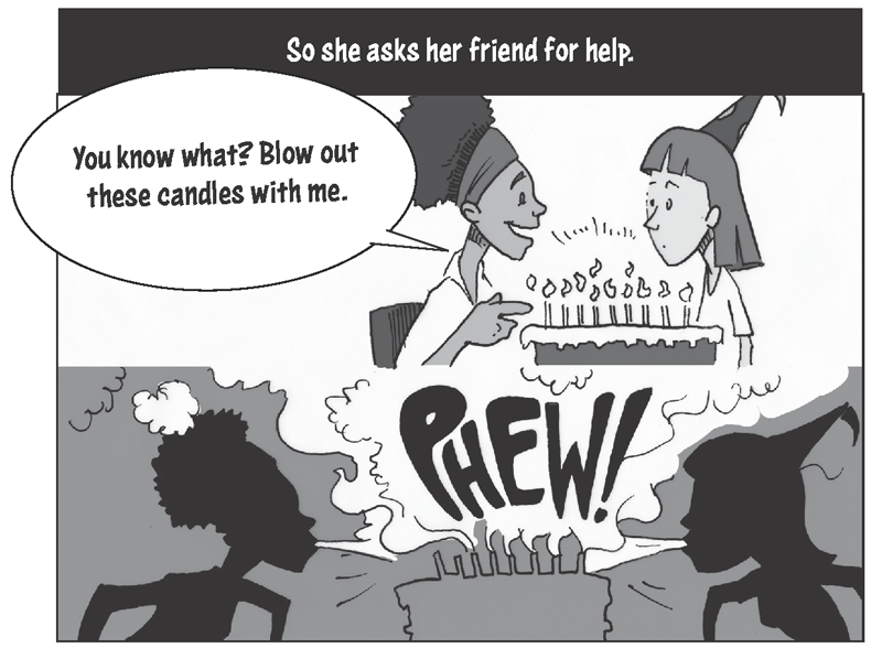 She turns to her friend for help and asks: You know what? Blow out these candles with me. Together, Michelle and her friend blow out the candles.