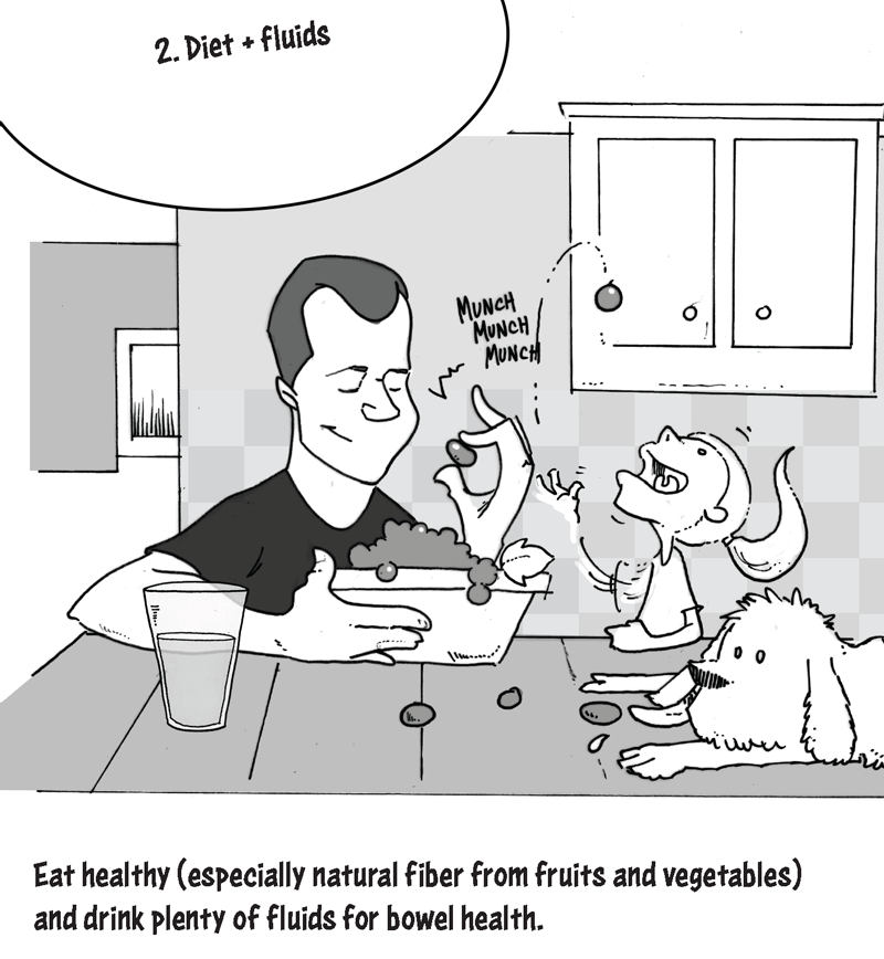 The second part is diet and fluids, which requires eating healthy (especially natural fiber from fruits and vegetables) and drinking plenty of fluids for bowel health. For example, Alex is at the table with his daughter and dog. Alex and his daughter are happily eating grapes, and Alex also has a glass of water.