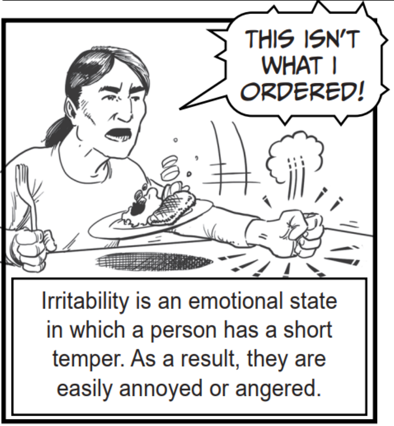 Irritability is an emotional state in which a person has a short temper. As a result, they are easily annoyed or angered.
