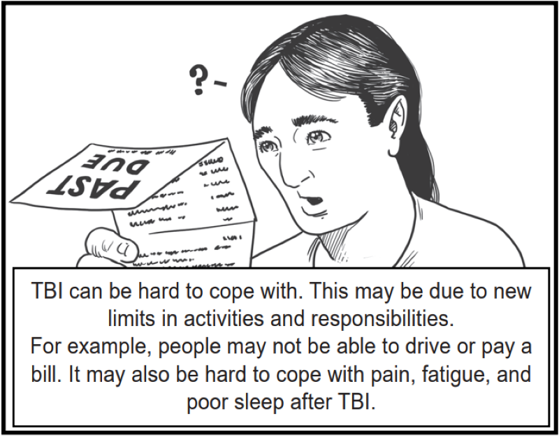 TBI can be hard to cope with. This may be due to new limits in activities and responsibilities. For example, people may not be able to drive or pay a bill. It may also be hard to cope with pain, fatigue, and poor sleep after TBI.