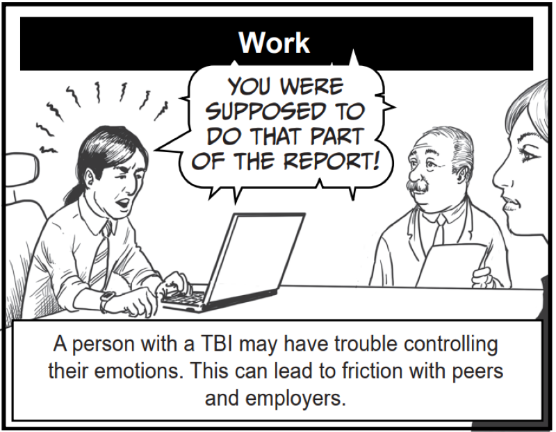 A person with a TBI may have trouble controlling their emotions. This can lead to friction with peers and employers.