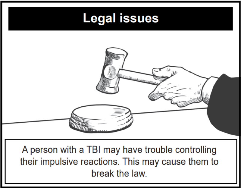 A person with a TBI may have trouble controlling their impulsive reactions. This may cause them to break the law.