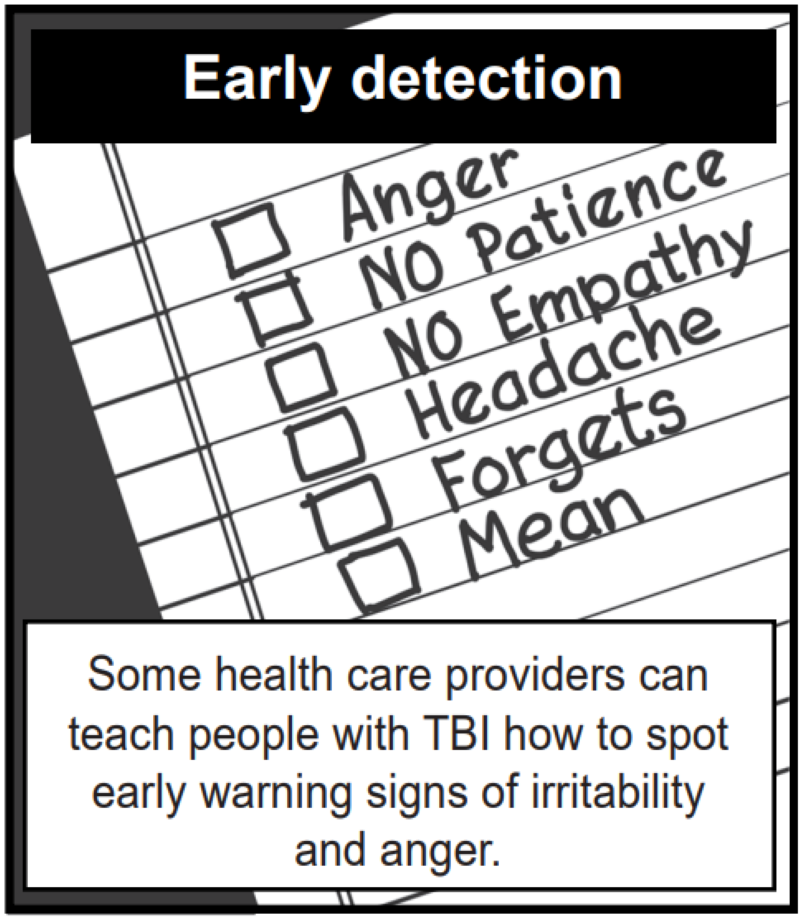 Some health care providers can teach people with TBI how to spot early warning signs of irritability and anger.
