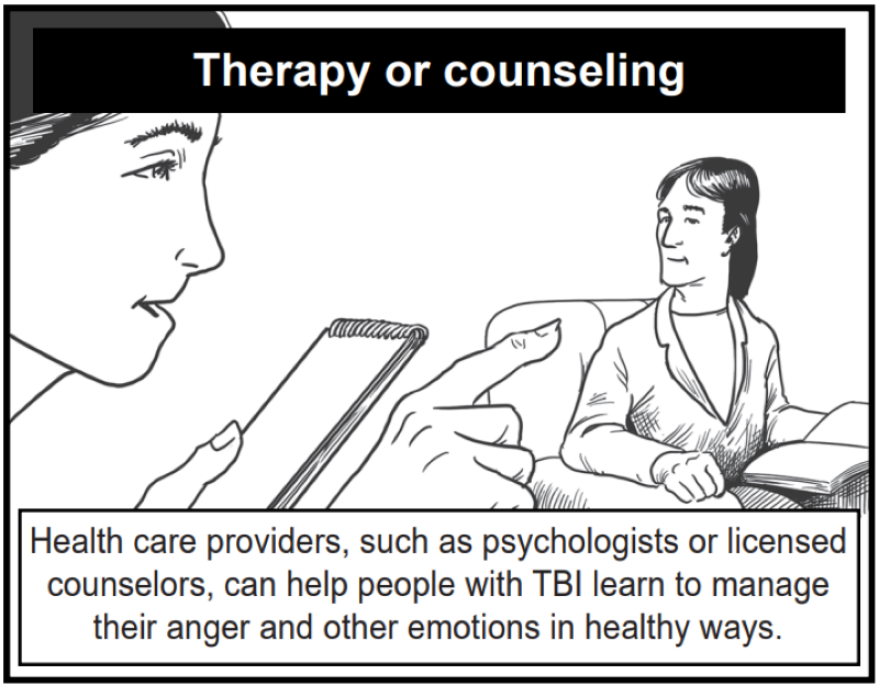 Health care providers, such as psychologists or licensed counselors, can help people with TBI learn to manage their anger and other emotions in healthy ways.
