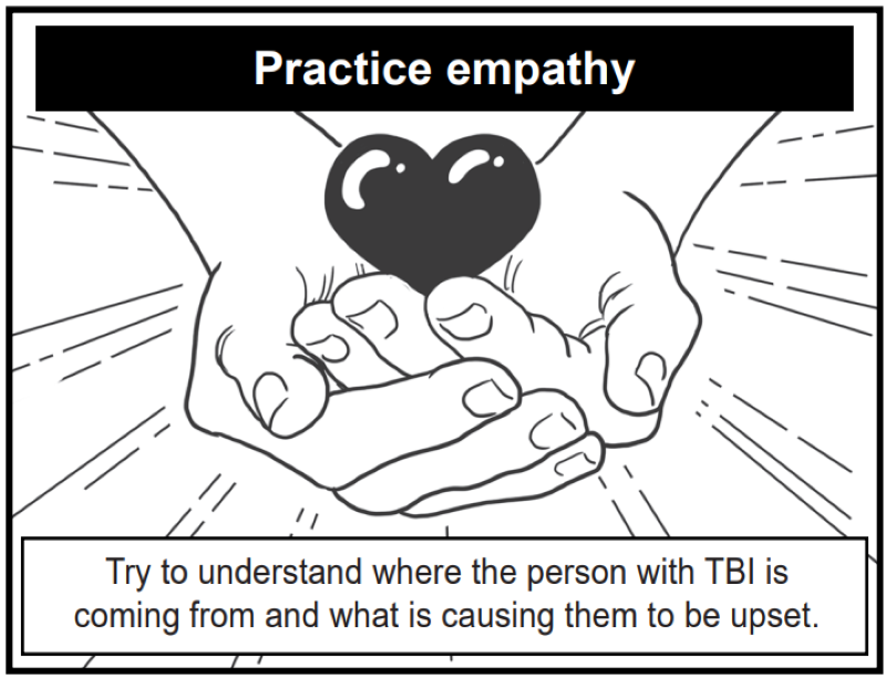 Try to understand where the person with TBI is coming from and what is causing them to be upset.