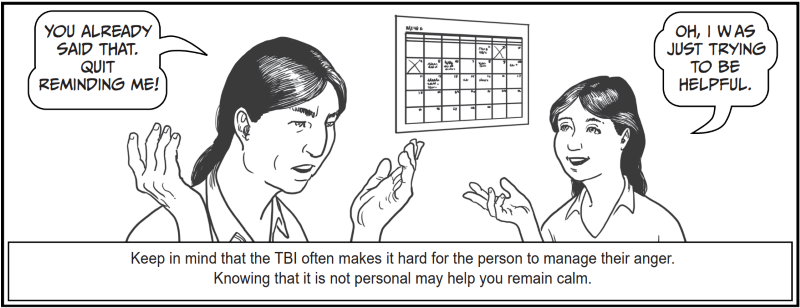 Keep in mind that the TBI often makes it hard for the person to manage their anger. Knowing that it is not personal may help you remain calm.