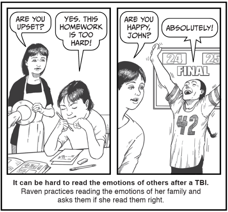 It can be hard to read the emotions of others after a TBI. Raven practices reading the emotions of her family and asks them if she read them right.