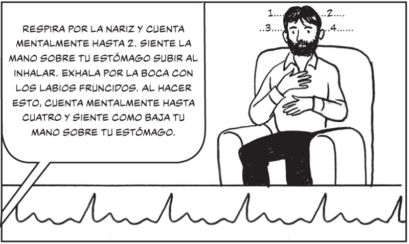 Respira por la nariz y cuenta mentalmente hasta 2. Siente la  mano sobre tu estómago subir al inhalar. Exhala por la boca con los labios fruncidos. Al hacer esto, cuenta mentalmente hasta  cuatro y siente como baja tu mano sobre tu estómago.