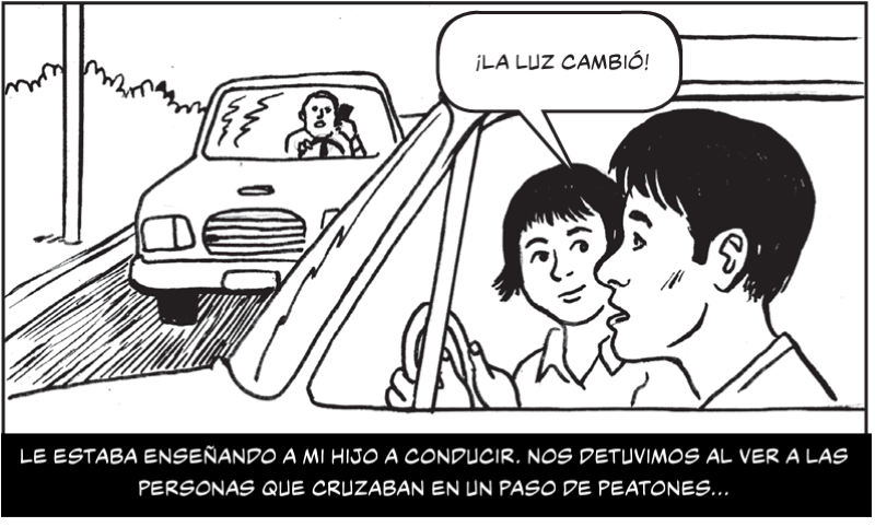 Le estaba enseñando a mi hijo a conducir. Nos detuvimos al ver a las personas que cruzaban en un paso de peatones.