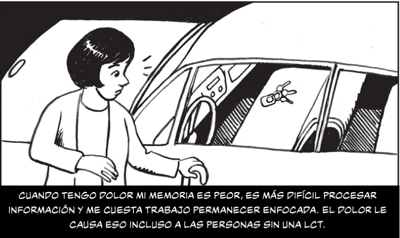 Cuando tengo dolor mi memoria es peor, es más difícil procesar información y me cuesta trabajo permanecer enfocada. El dolor le causa eso incluso a las personas sin una LCT.