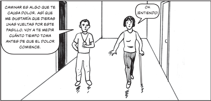 Caminar es algo que te causa dolor. Así que me gustaría que dieras unas vueltas por este pasillo. Voy a medir cuánto tiempo toma antes de que el dolor comienza