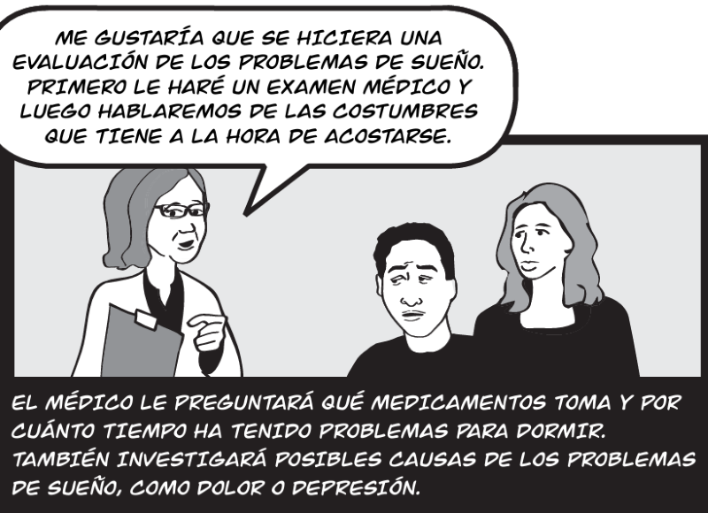 EL MÉDICO LE PREGUNTARÁ QUÉ MEDICAMENTOS TOMA Y POR CUÁNTO TIEMPO HA TENIDO PROBLEMAS PARA DORMIR.  TAMBIÉN INVESTIGARÁ POSIBLES CAUSAS DE LOS PROBLEMAS DE SUEÑO, COMO DOLOR O DEPRESIÓN.