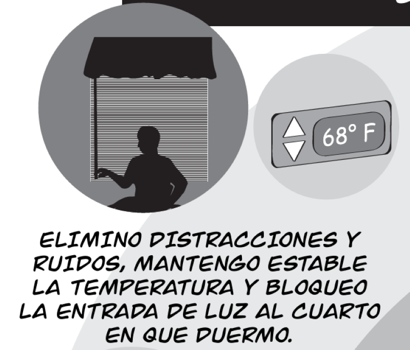 ELIMINO DISTRACCIONES Y  RUIDOS, MANTENGO ESTABLE  LA TEMPERATURA Y BLOQUEO  LA ENTRADA DE LUZ AL CUARTO EN QUE DUERMO.