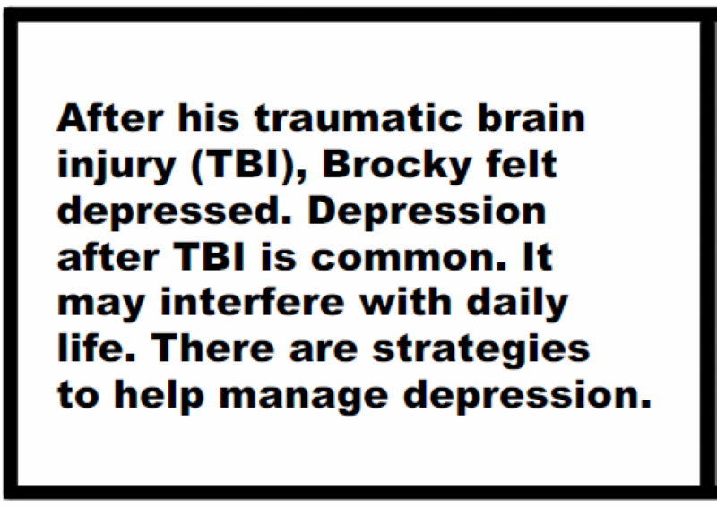 After his traumatic brain injury (TBI), Brocky felt depressed. Depression after TBI is common. It may interfere with daily life. There are strategies to help manage depression.