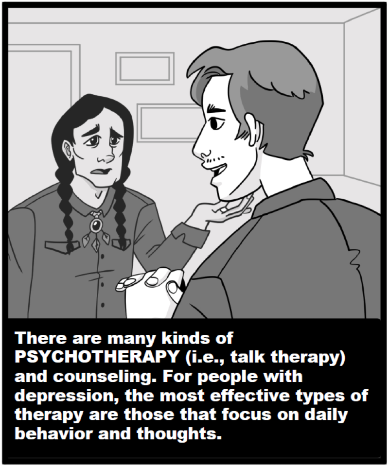 There are many kinds of PSYCHOTHERAPY (i.e., talk therapy) and counseling. For people with depression, the most effective types of therapy are those that focus on daily behavior and thoughts.