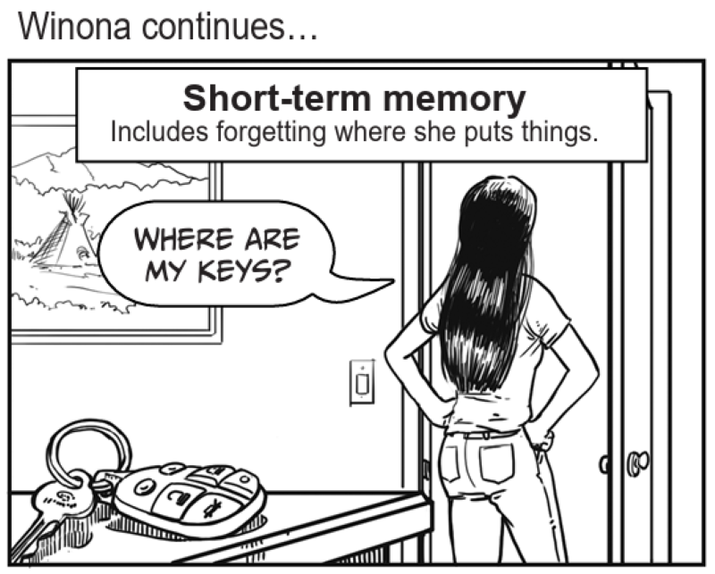 Short-term memory Includes forgetting where she puts things.