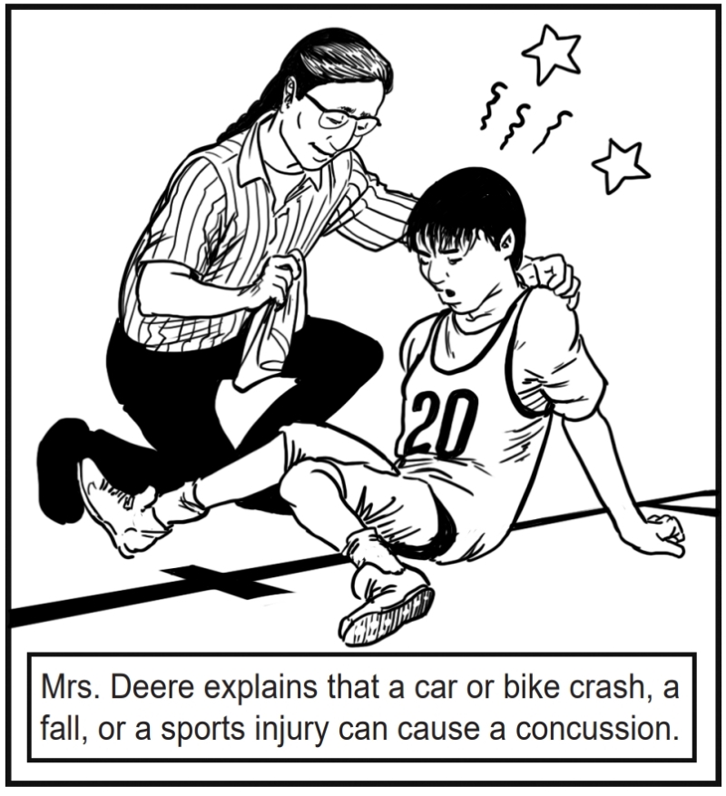 Mrs. Deere explains that a car or bike crash, a fall, or a sports injury can cause a concussion.