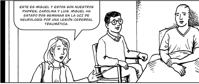 Este es Miguel y estos son nuestros padres, Carolina y Luis. Miguel ha estado dos semanas en la UCI de Neurología por una lesión cerebral traumática.