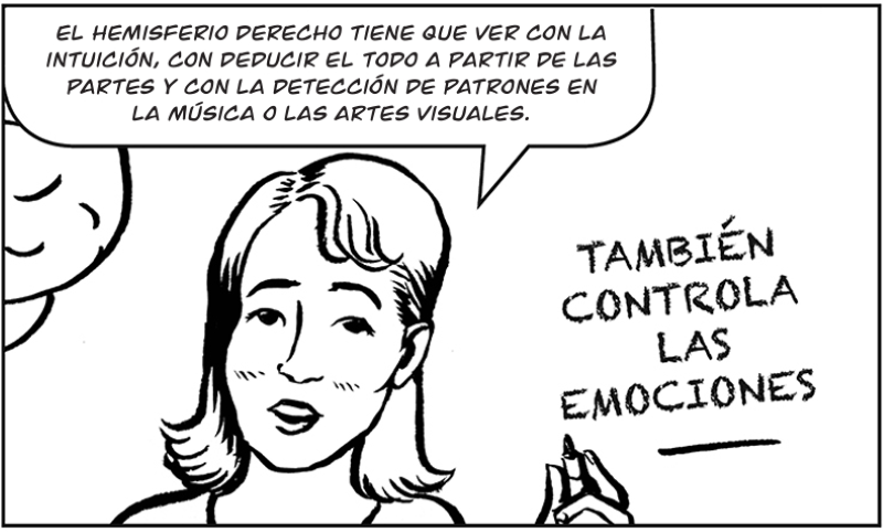 El hemisferio derecho tiene que ver con la intuición, con deducir el todo a partir de las partes y con la detección de patrones en  la música o las artes visuales.
