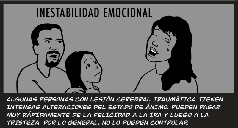 ALGUNAS PERSONAS CON LESIÓN CEREBRAL TRAUMÁTICA TIENEN INTENSAS ALTERACIONES DEL ESTADO DE ÁNIMO. PUEDEN PASAR MUY RÁPIDAMENTE DE LA FELICIDAD A LA IRA Y LUEGO A LA TRISTEZA. POR LO GENERAL, NO LO PUEDEN CONTROLAR.