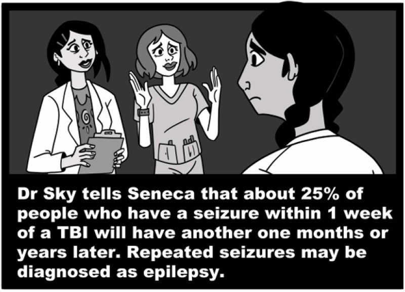 Dr. Sky tells Seneca that about 25% of people who have a seizure within 1 week of a TBI will have another one months or years later.