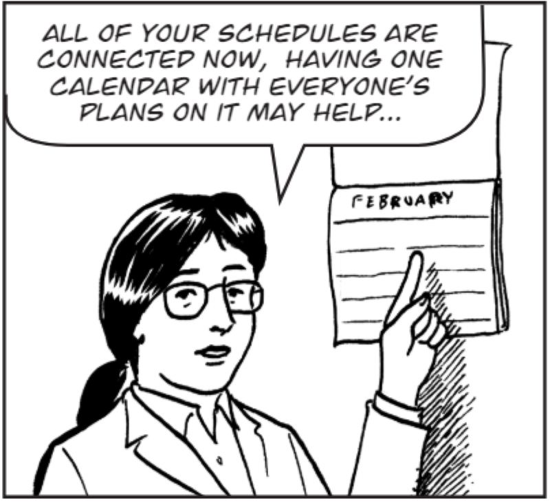All of your schedules are connected now, having one calendar with everyone’s plans on it May help.
