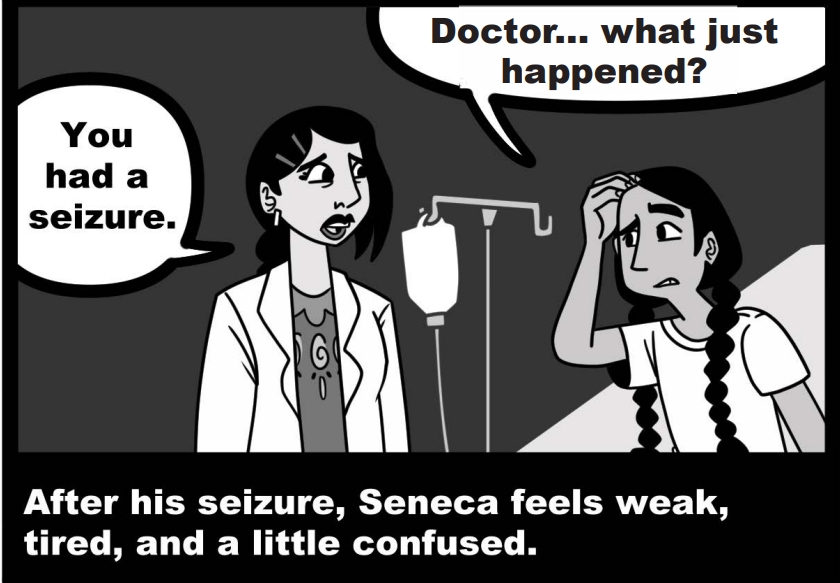 After his seizure, Seneca feels weak, tired, and a little confused.