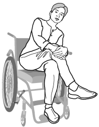 person in wheelchair with one leg crossed over the other