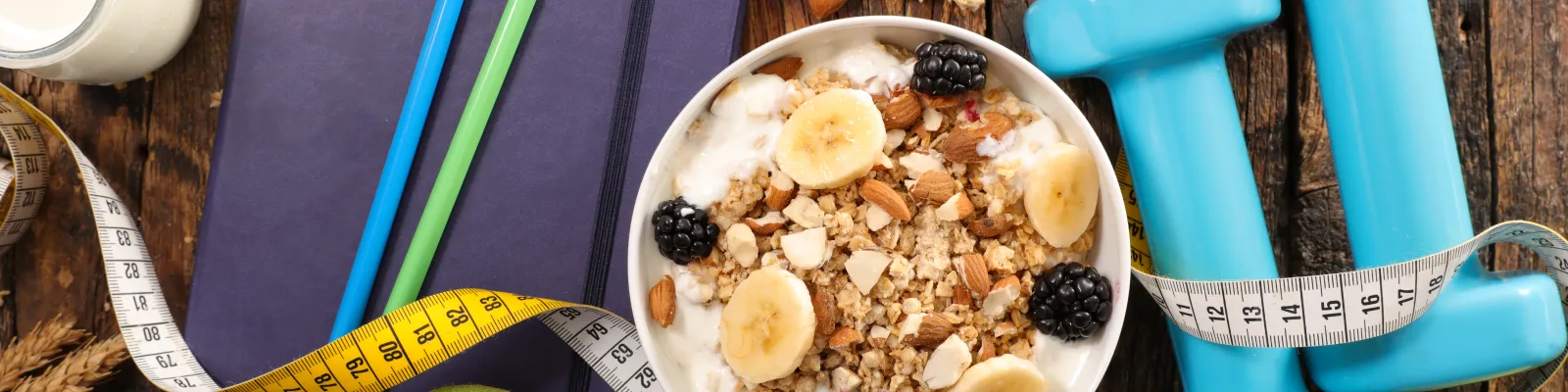 Photo of healthy food and weights