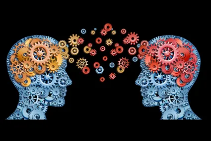 a decorative image with two brains communicating with each other