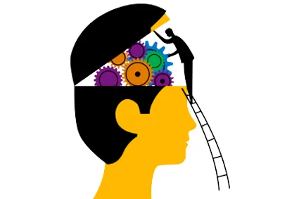 Cartoon of person opening a skull to see gears