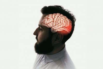 Photo of profile of man's face with illustration of brain highlighted