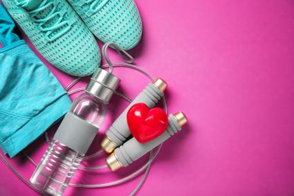 Photo of sneakers, water bottle, jump rope, and heart
