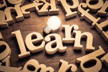 Photo of lightbulb with wooden letters spelling out the word LEARN