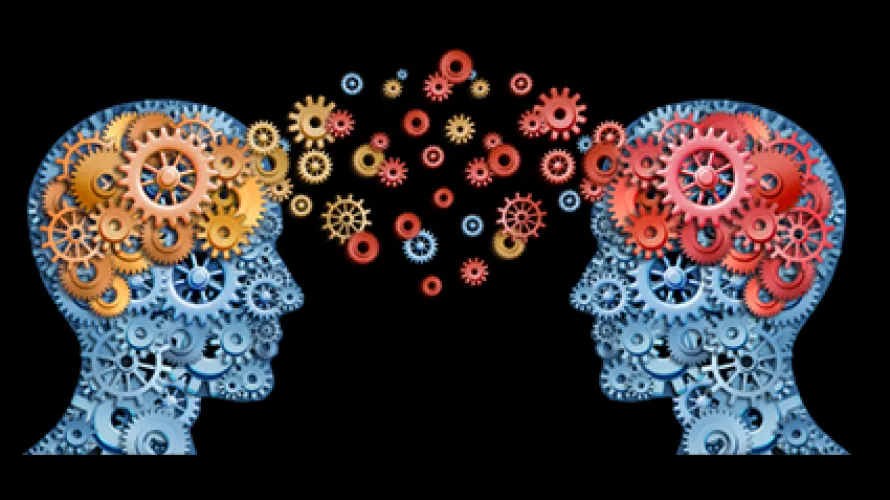 a decorative image with two brains communicating with each other