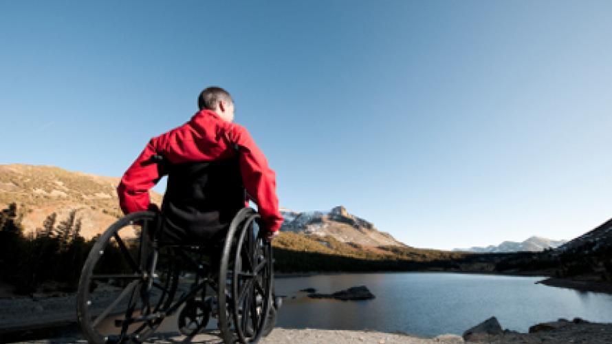 Person on manual wheelchair looking out over a lake