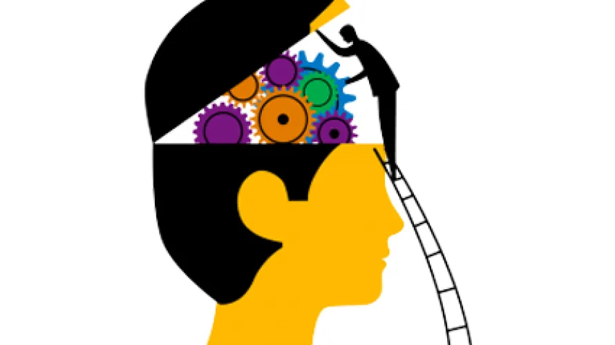 Cartoon of person opening a skull to see gears