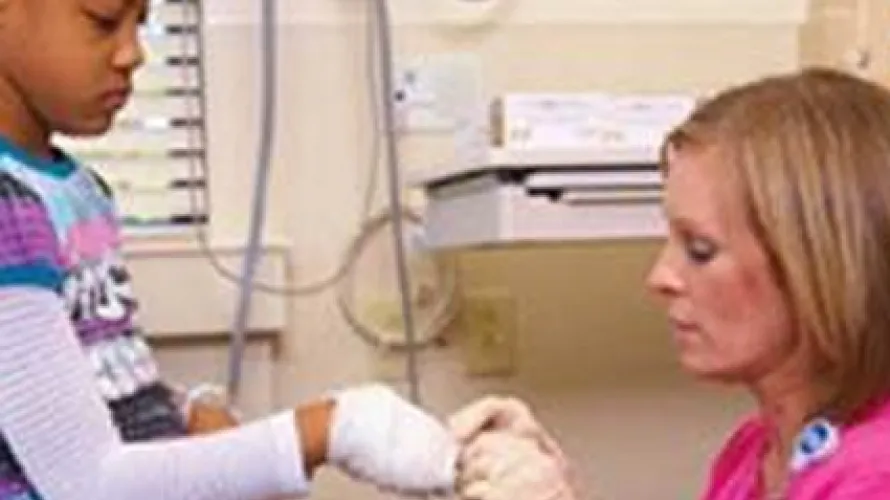 Person tending to child's bandages